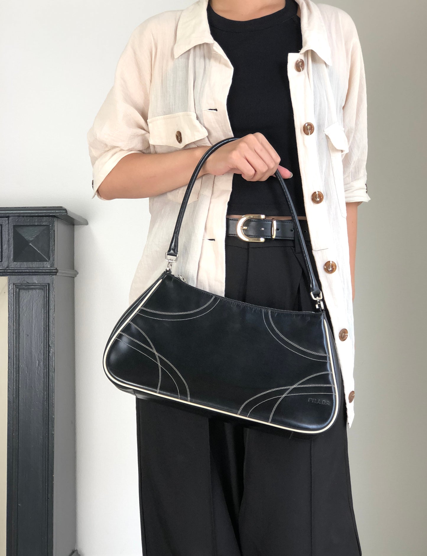 PRADA Stitch Shoulder bag Hobobag Black Vintage tfesrt