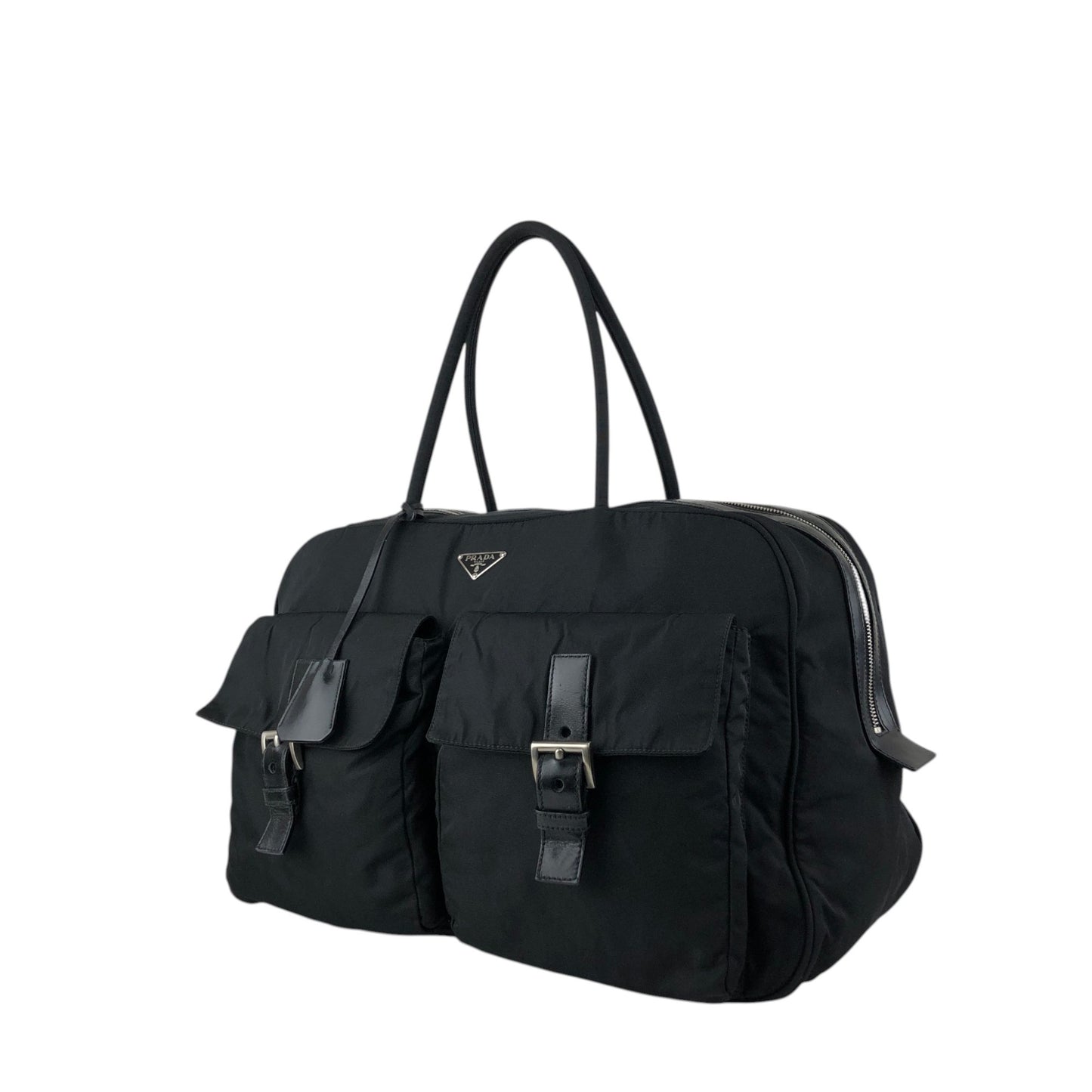 PRADA Tessuto Triangle Logo Double Pocket Handbag Boston bag Black Vintage 84gcbc