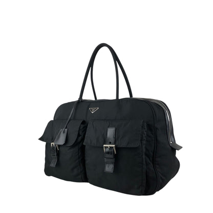 PRADA Tessuto Triangle Logo Double Pocket Handbag Boston bag Black Vintage 84gcbc
