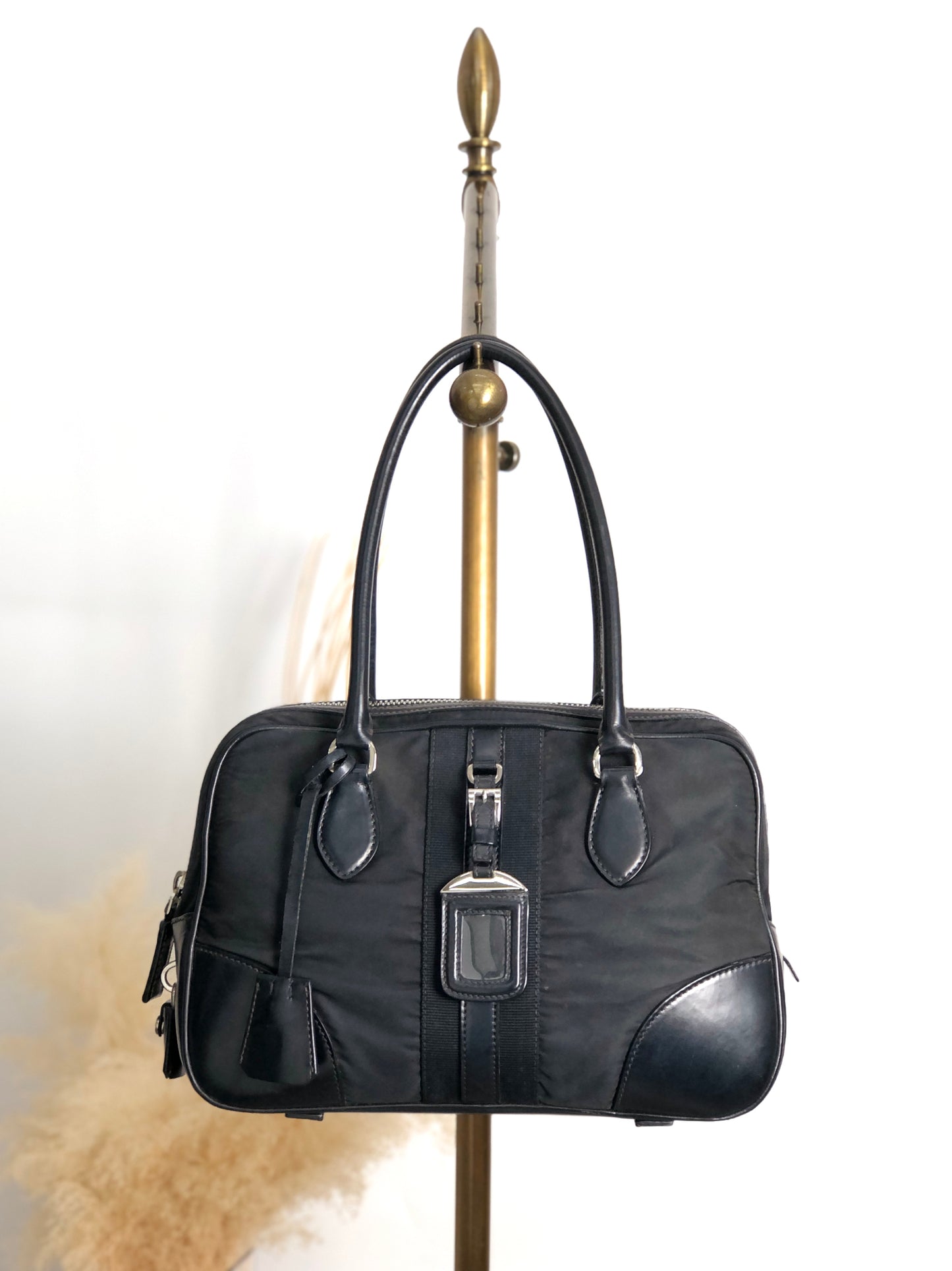 PRADA Tessuto Triangle Logo Small Boston bag Handbag Black Vintage vv4j5d