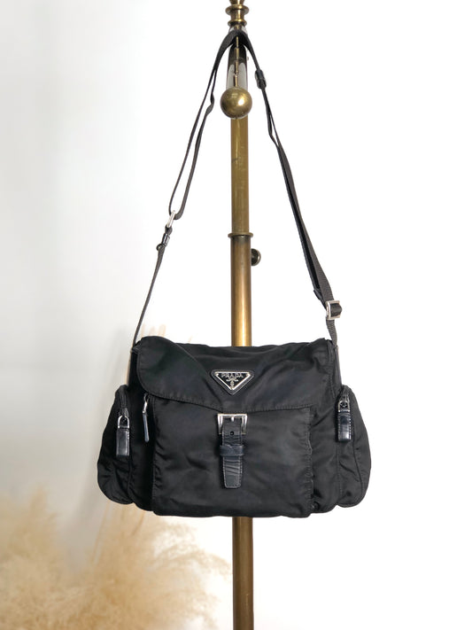 PRADA Tessuto Triangle Logo Front Buckle Side Pocket Shoulder bag Black Vintage 75anhg