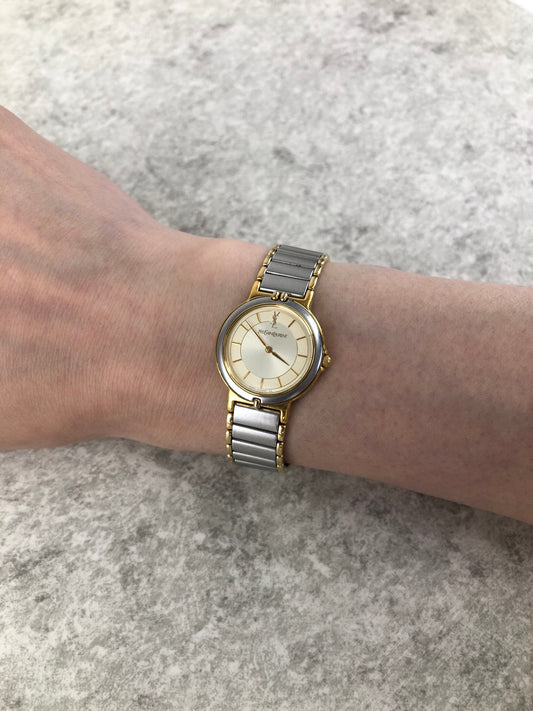Yves Saint Laurent YSL Logo Quartz Watch Gold×Silver 2200-228481 Vintage wgv3bg