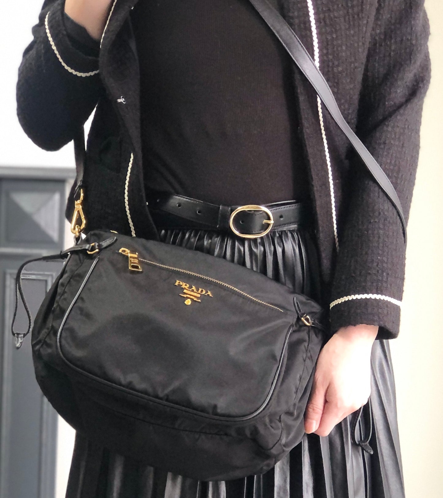 PRADA Logo Shoulder bag Black BT0689 Vintage s35m2a