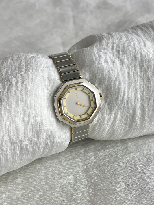 Yves Saint Laurent YSL Logo Watch Silver Vintage ha4wmc