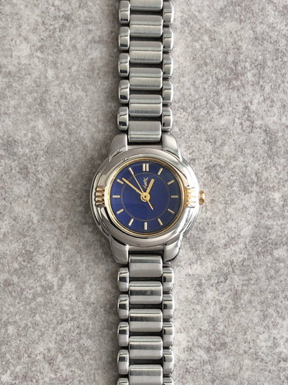 Yves Saint Laurent YSL Logo Quartz Watch Silver×Navy 5930-F91474 TA Vintage wg2id7