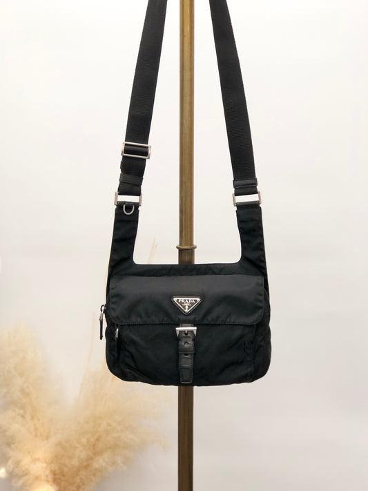 PRADA Triangle Logo Front Buckle Shoulder bag Black Vintage 3nuzig