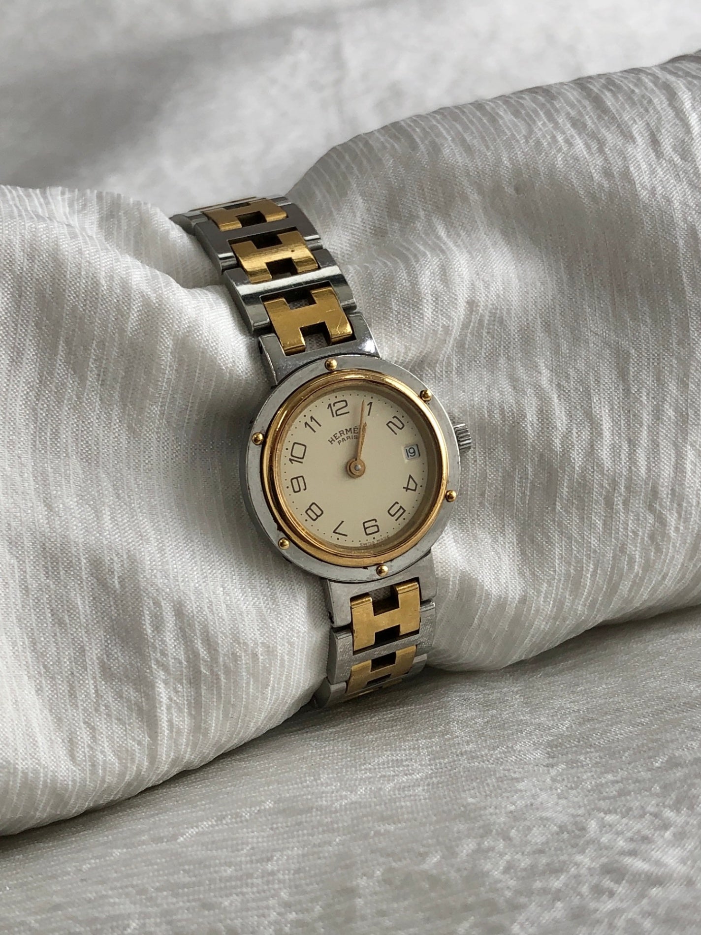 HERMES Quartz  Clipper Watch Silver×Gold Vintage 8nv65a