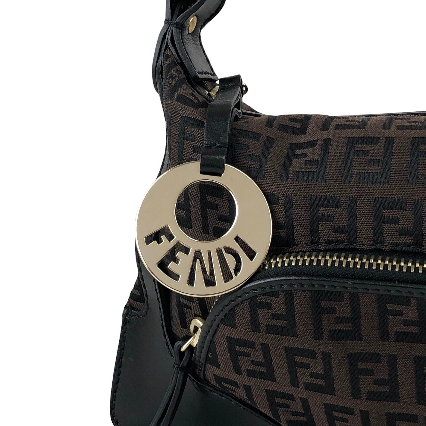 FENDI Zucchino Logo Charm Handbag Hobobag Brown Vintage fhfygp