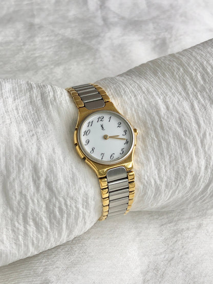 Yves Saint Laurent YSL Logo Quartz Watch Silver×Gold Vintage uevfdd