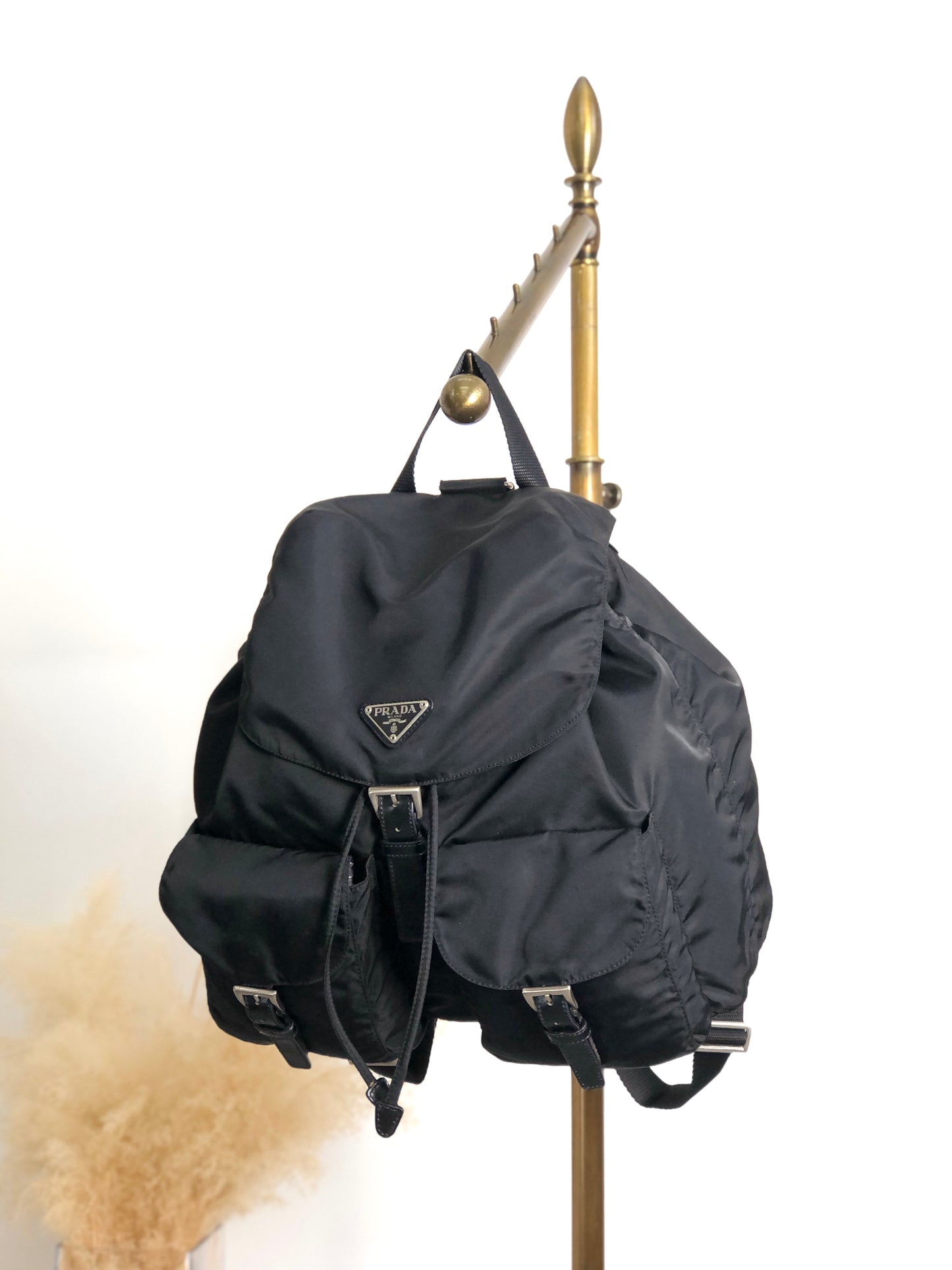 PRADA Tessuto Triangle Logo Double Pocket Backpack Black Vintage scciib