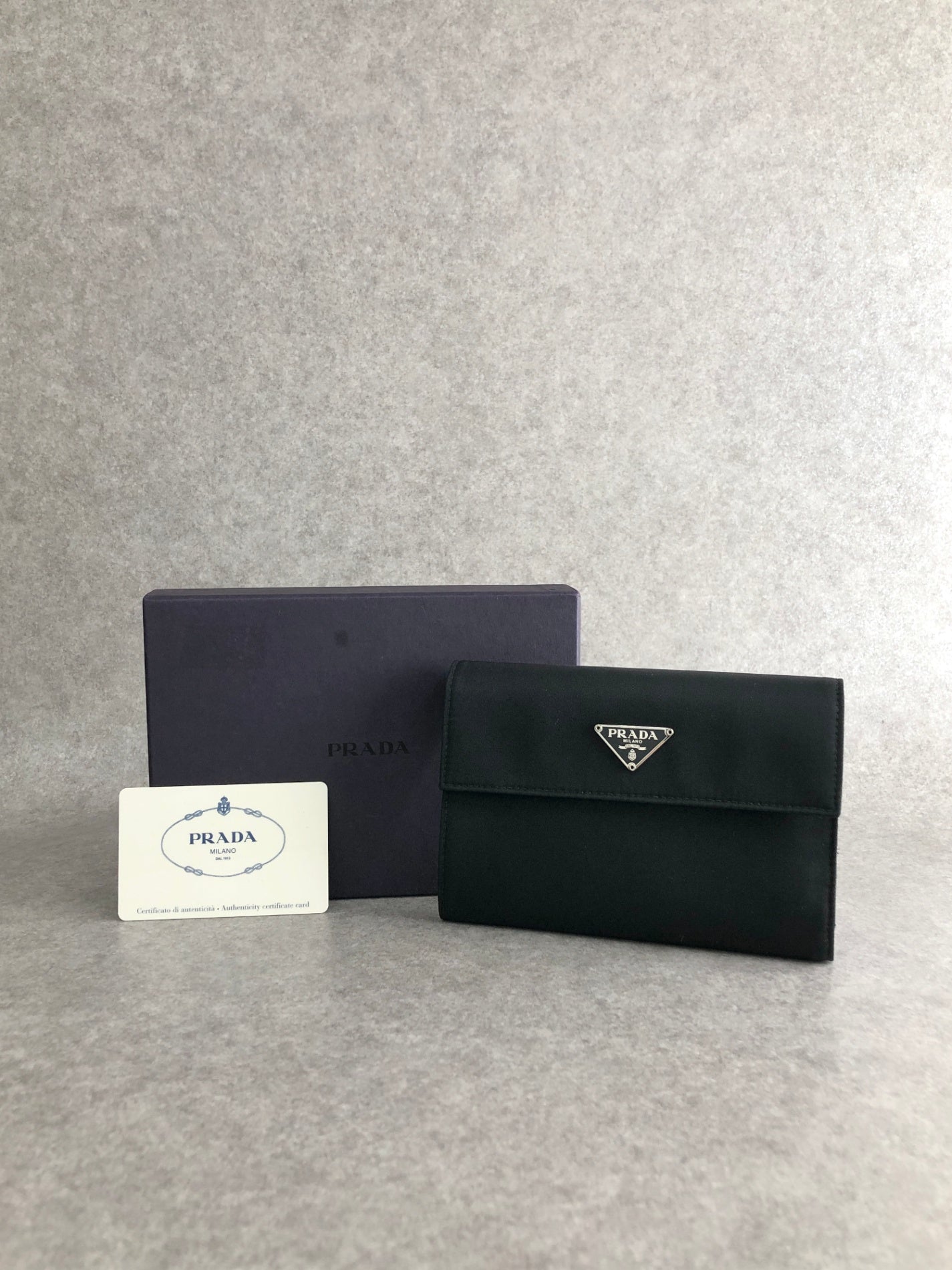 PRADA Tessuto Triangle Logo Trifold Wallet Black Vintage yyjymp