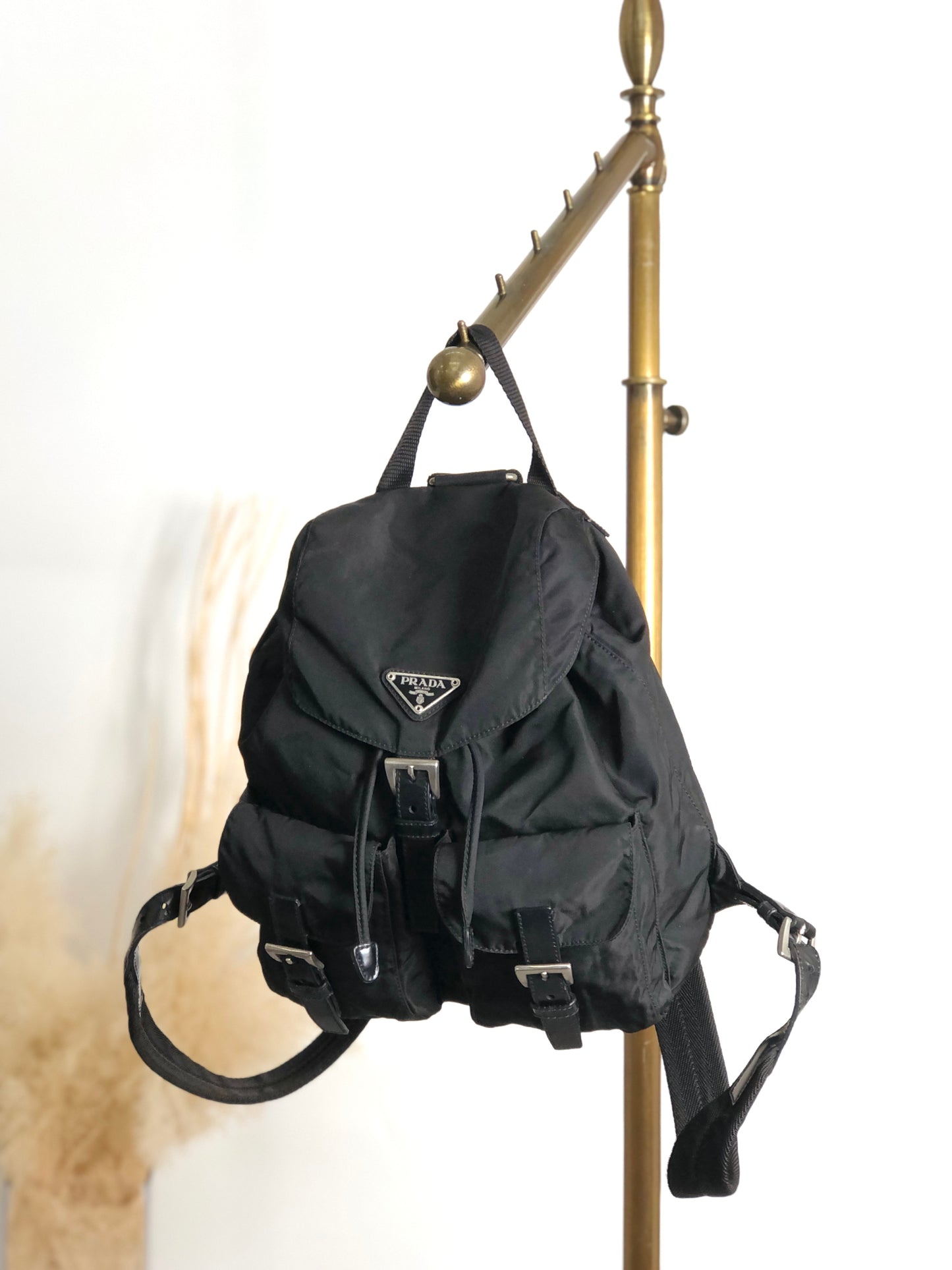 PRADA Tessuto Triangle Logo Double Pocket Backpack Black Vintage vjpnrf