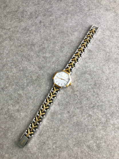 Yves Saint Laurent YSL Logo Octagon Quartz Watch Silver×Gold 2200-226313 Vintage famare