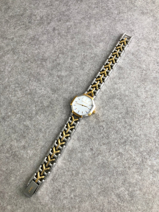 Yves Saint Laurent YSL Logo Octagon Quartz Watch Silver×Gold 2200-226313 Vintage famare