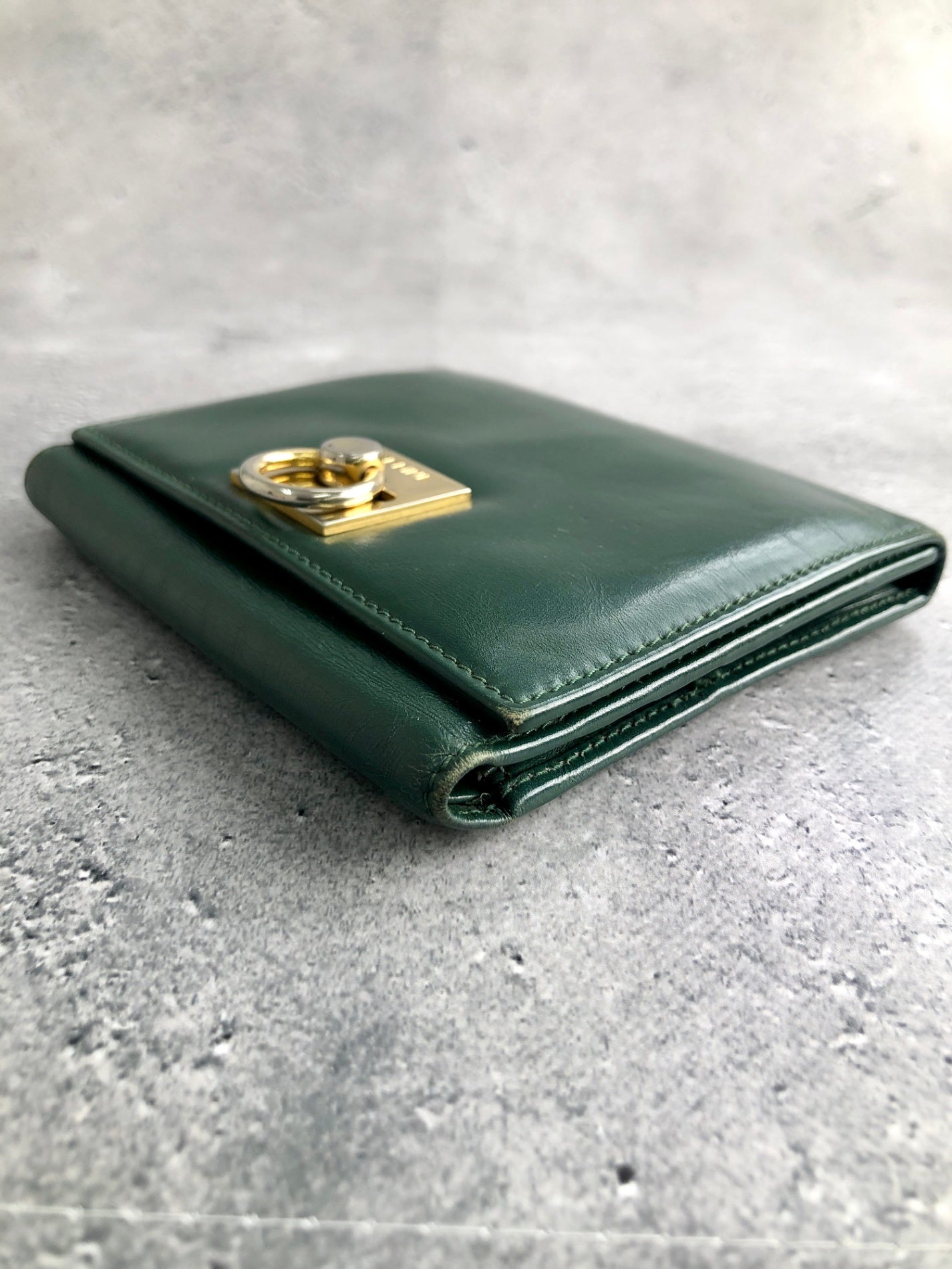 CELINE Gancini Trifold Wallet Green Vintage 4cifcs