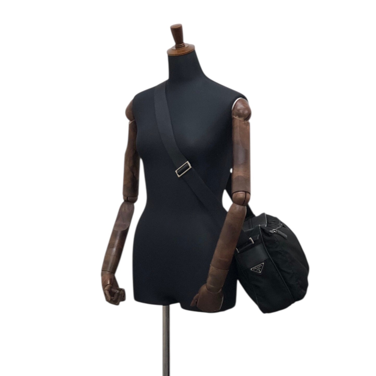 PRADA 三角形標誌雙口袋單肩包 黑色復古 nmgd27