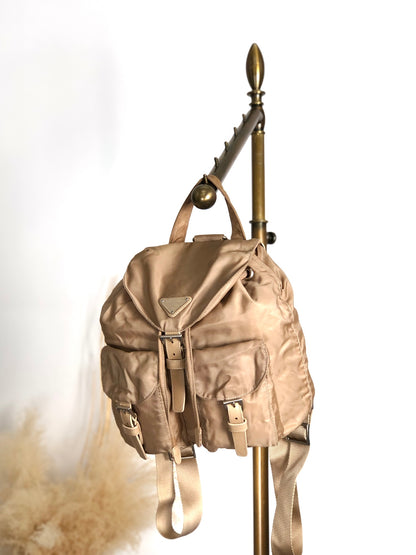 PRADA Tessuto Triangle Logo Double Pocket Backpack Beige Vintage nhc32x