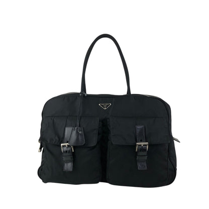 PRADA Tessuto Triangle Logo Double Pocket Handbag Boston bag Black Vintage 84gcbc