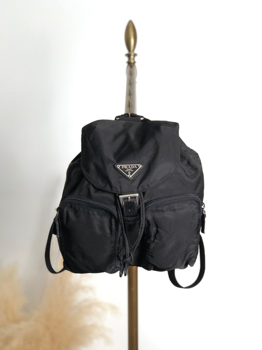 PRADA Tessuto Triangle Logo Double Pocket Backpack Black Vintage msvumv