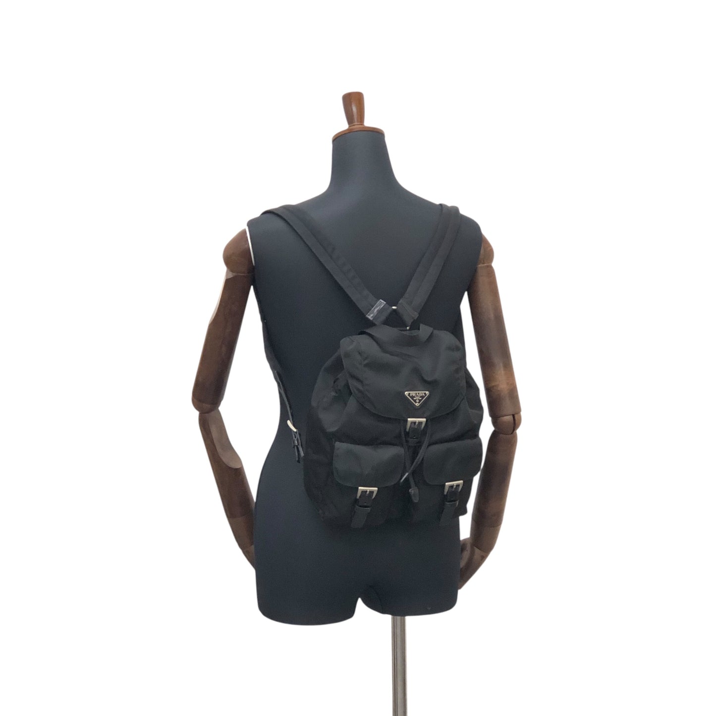PRADA Triangle Logo Double Pocket Backpack Black Vintage hbs63x