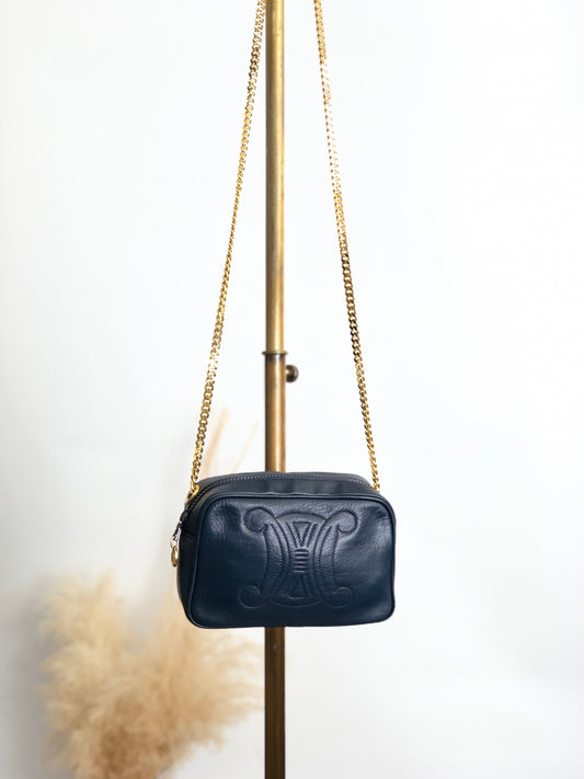 CELINE Triomphe Chain Shoulder bag Navy Vintage h4r6w8