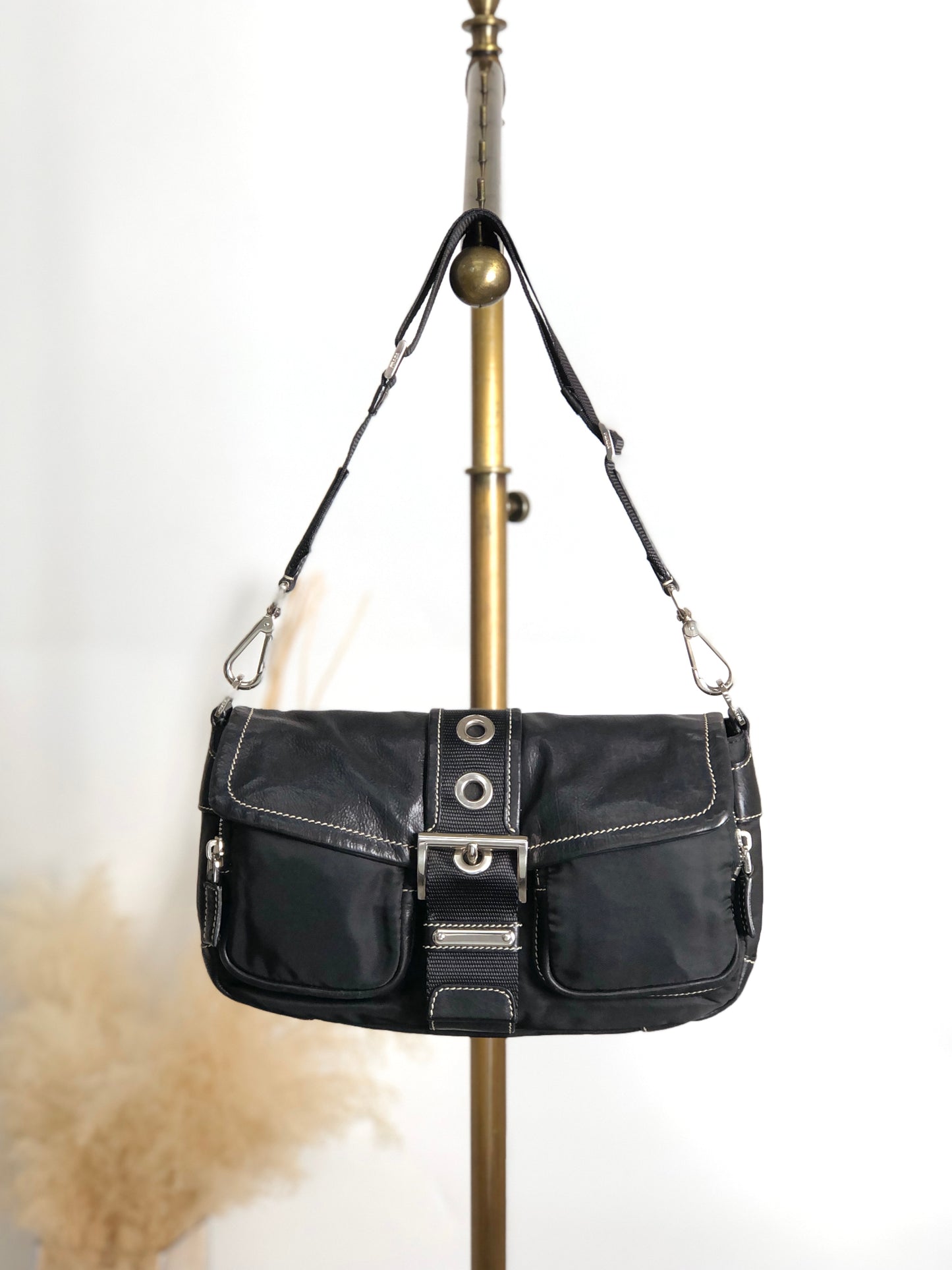 PRADA Tessuto Triangle Logo Front Buckle Shoulder bag Black Vintage dgr7v8