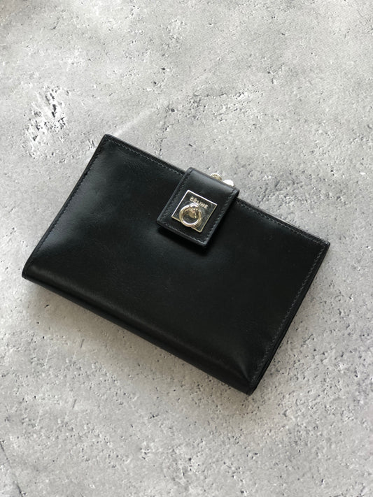 CELINE Gancini  Leather Metal Clasp Folded Wallet Black Vintage pk72c5