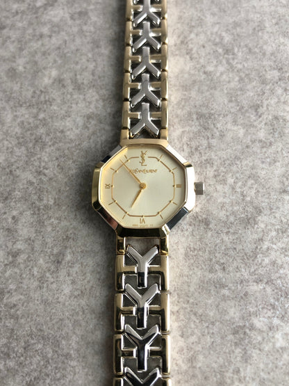 Yves Saint Laurent YSL Logo Octagon Quartz Watch Gold×Silver 2200-241762 Vintage fsc8bp