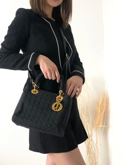 Christian Dior  Lady Dior Cannage CD Logo Charm Nylon Two-way Handbag Shoulder bag Black Vintage vwagxx