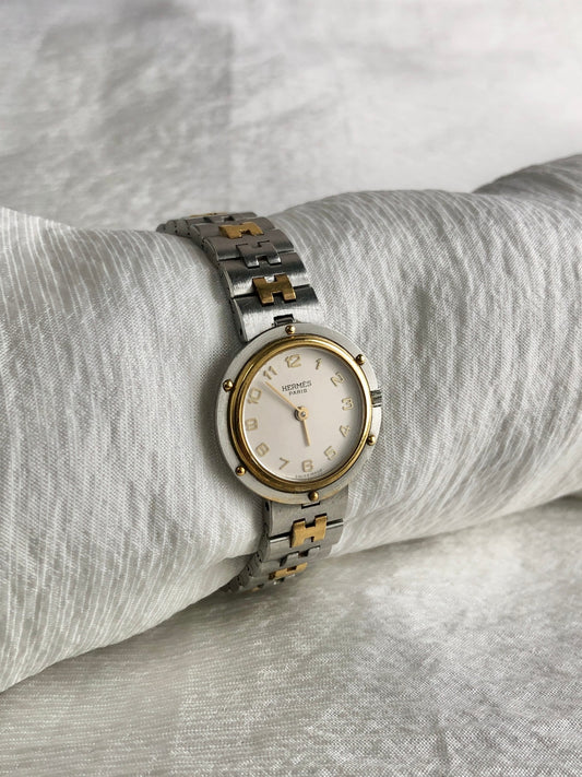 HERMES Logo Quartz Watch Silver×Gold Vintage ud4ac3