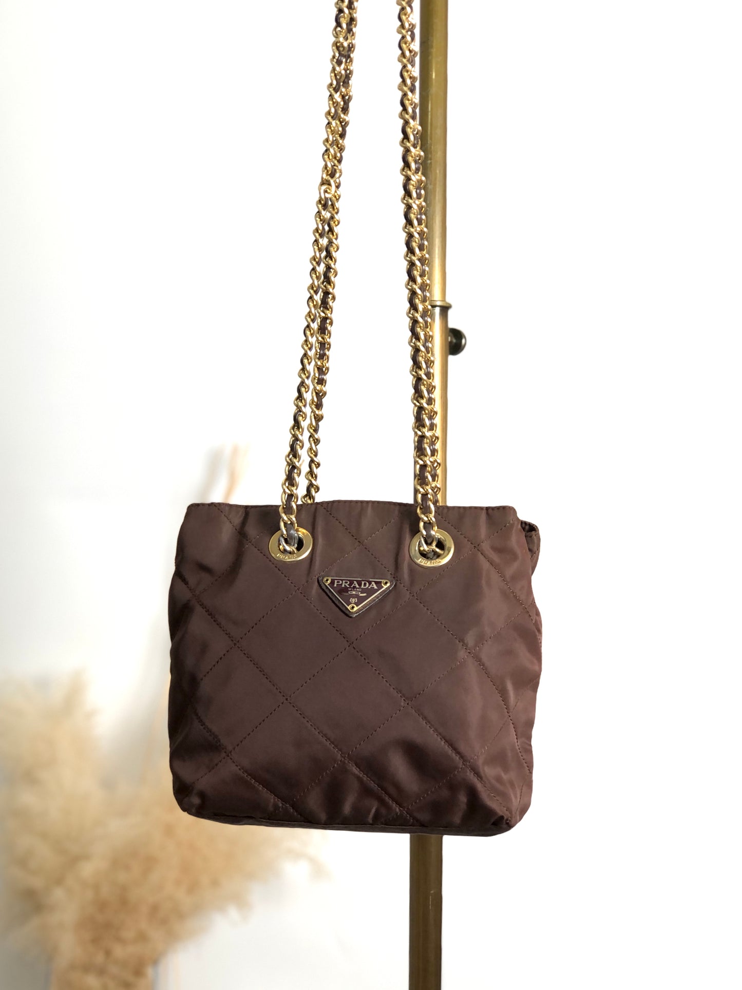 PRADA Triangle Logo Chain Shoulder bag Brown Vintage da3gbv