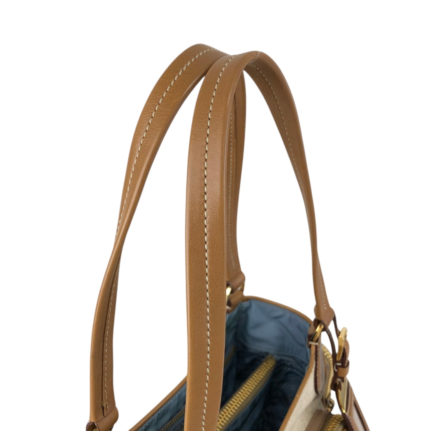 PRADA Triangle Logo Multi Pocket Handbag Totebag Beige×Blue Vintage fkki3a