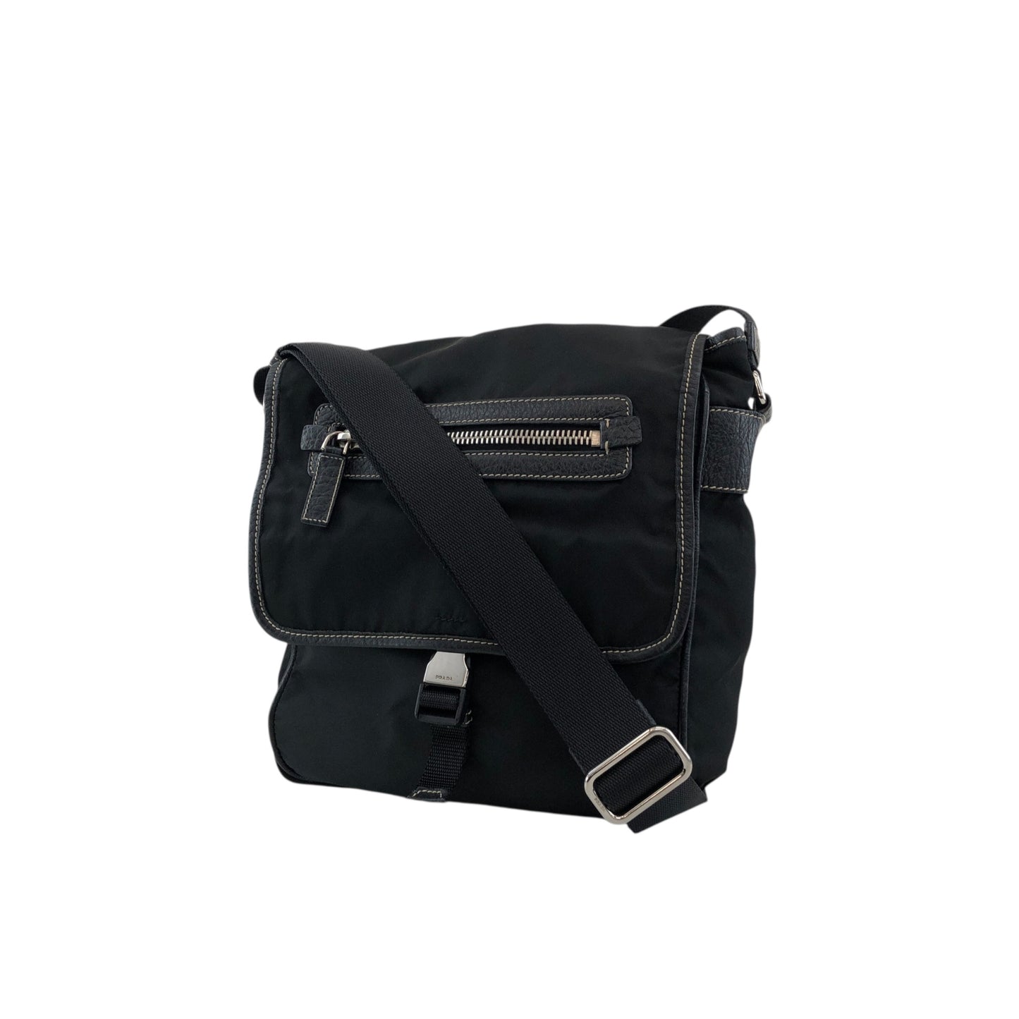 PRADA Tessuto Triangle Logo Front Buckle Shoulder bag Black Vintage bcdpsd