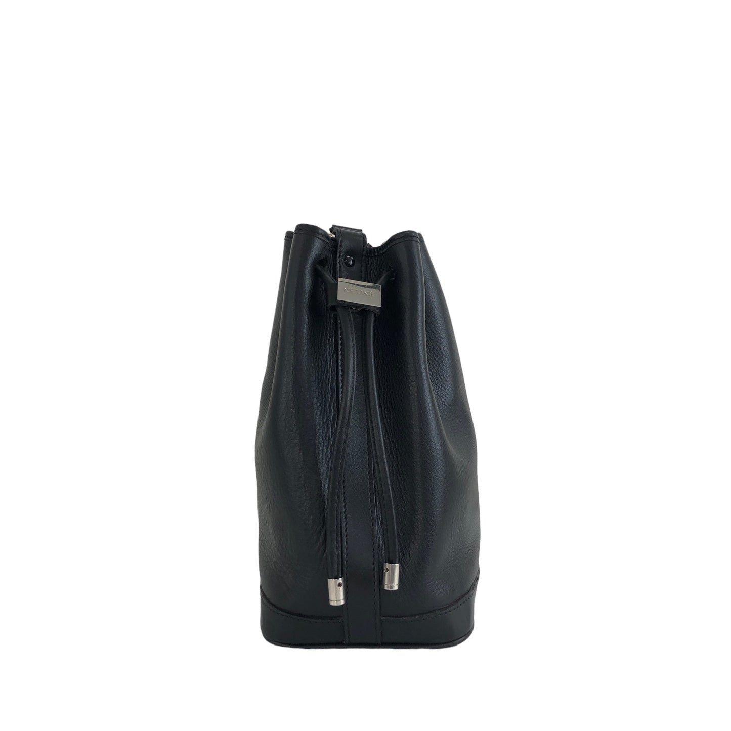 CELINE Logo Leather Drawstring Shoulder bag Black Vintage ny8ngc