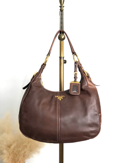 PRADA Logo Handbag Hobobag Brown Vintage c7p34v