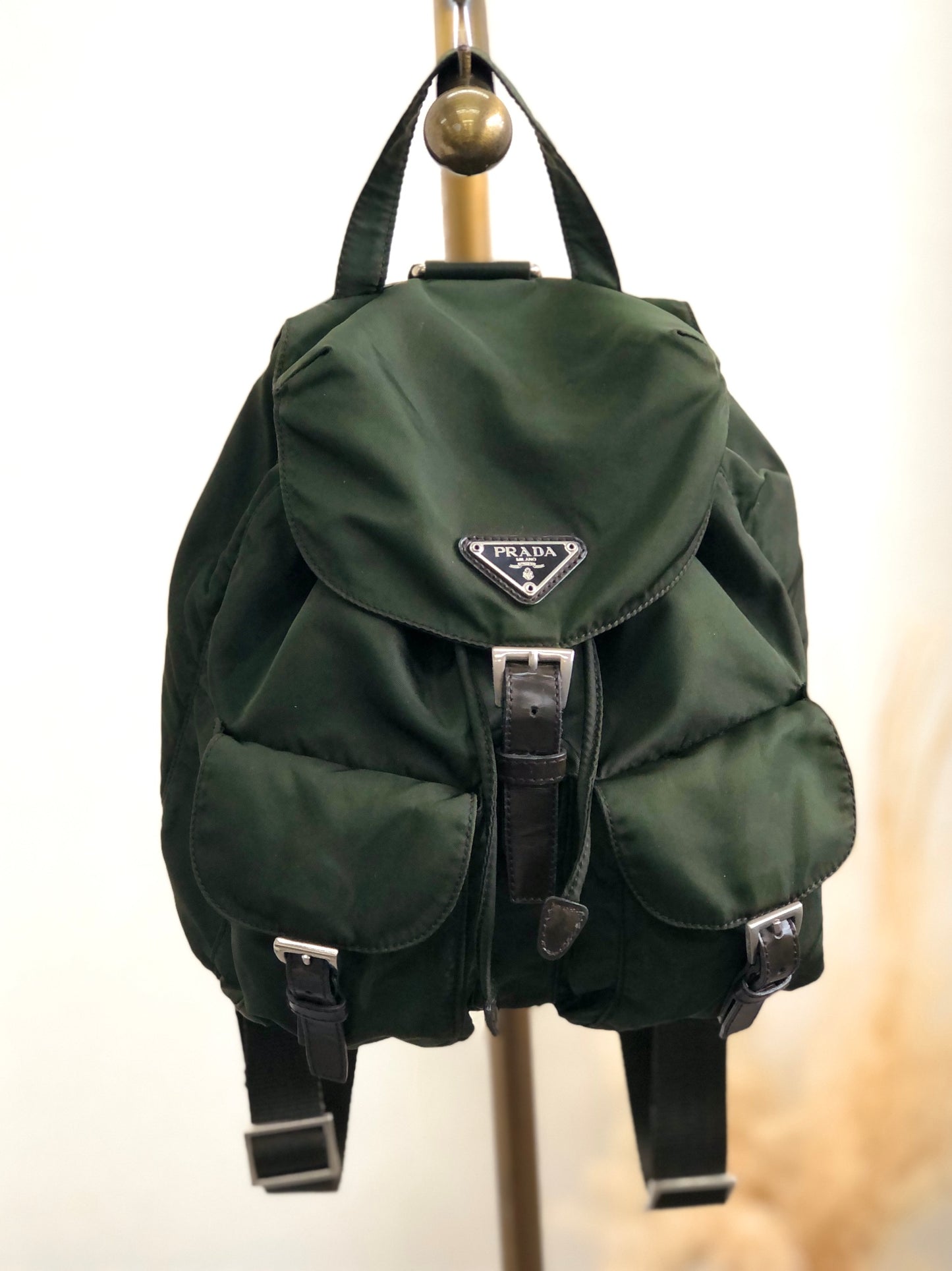 PRADA Triangle Logo Front Buckle Backpack Khaki Vintage nbsyie