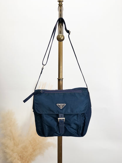 PRADA Tessuto Triangle Logo Front Buckle Shoulder bag Navy Vintage rj8wam