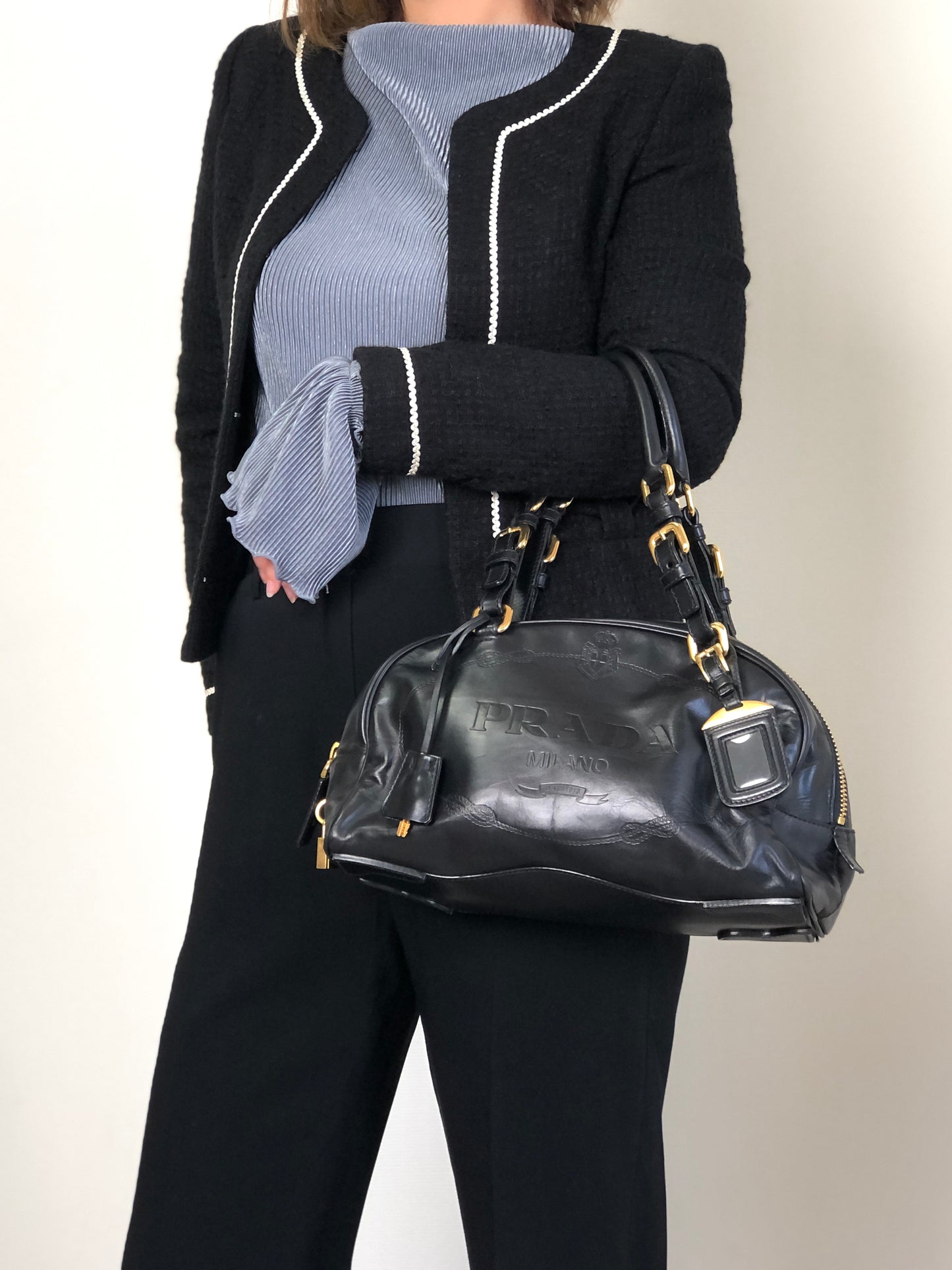 PRADA Logo Embossed Handbag Boston bag Black Vintage nvtnhw