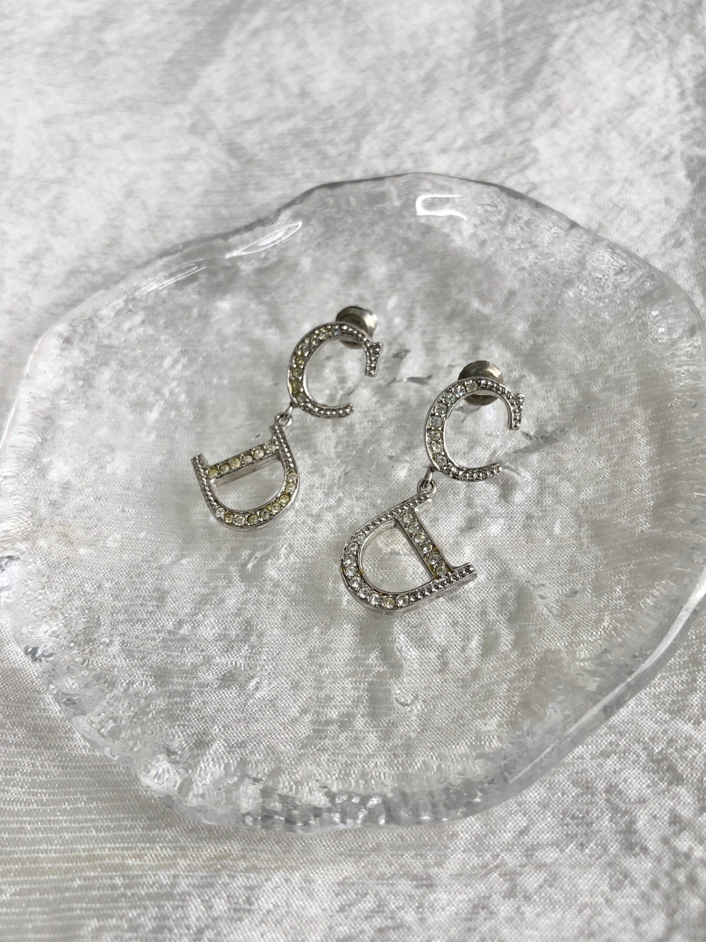 Christian Dior CD Logo Rhinestone Pierced Silver Vintage biaucg