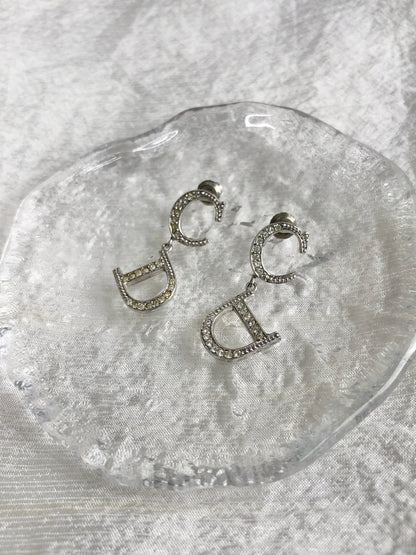 Christian Dior CD Logo Rhinestone Pierced Silver Vintage biaucg