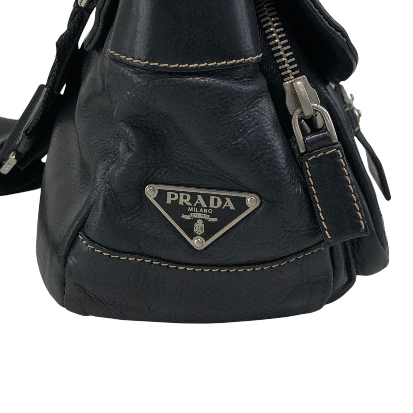 PRADA Triangle Logo Double Pocket Shoulder bag Black Vintage 5hm2yf