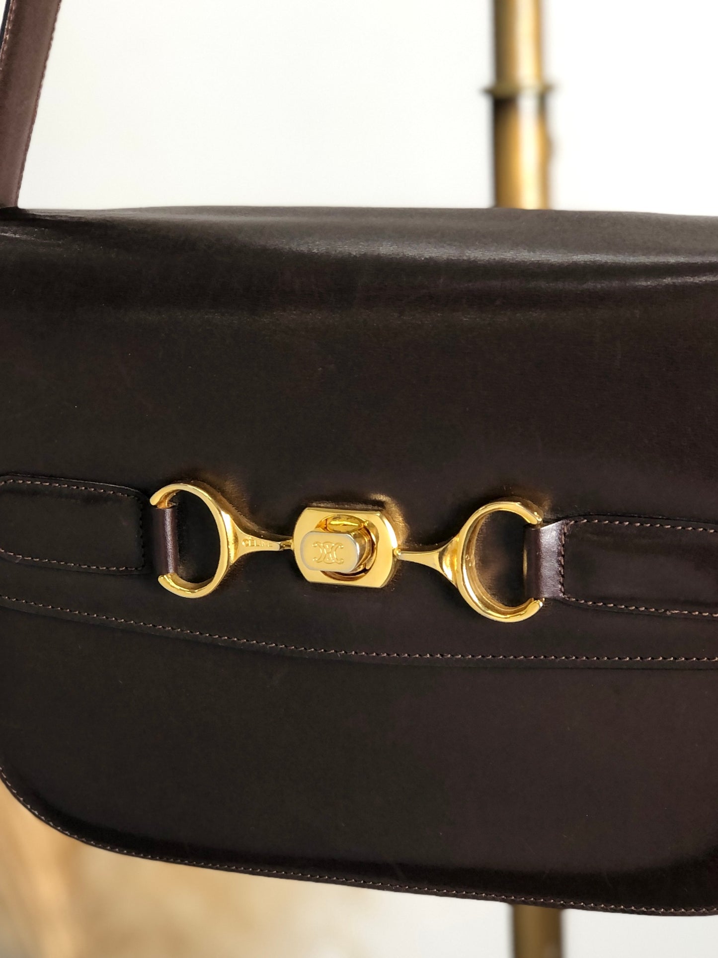 CELINE Horse Bit Turn Lock Shoulder bag Dark Brown Vintage frjwyw
