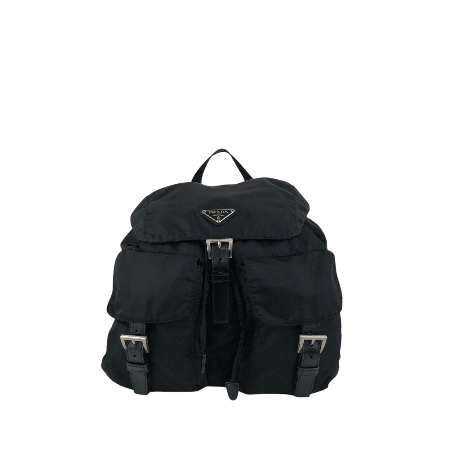 PRADA Tessuto Triangle Logo Front Buckle Double Pocket Backpack Black Vintage mkvbvj