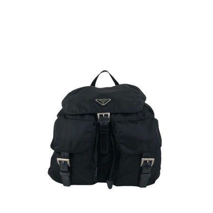 PRADA Tessuto Triangle Logo Front Buckle Double Pocket Backpack Black Vintage mkvbvj