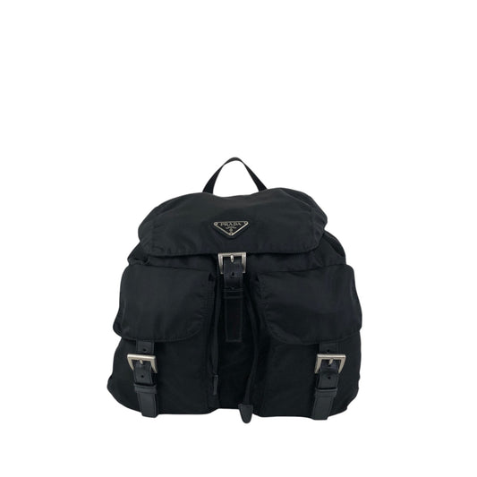 PRADA Tessuto Triangle Logo Front Buckle Double Pocket Backpack Black Vintage mkvbvj
