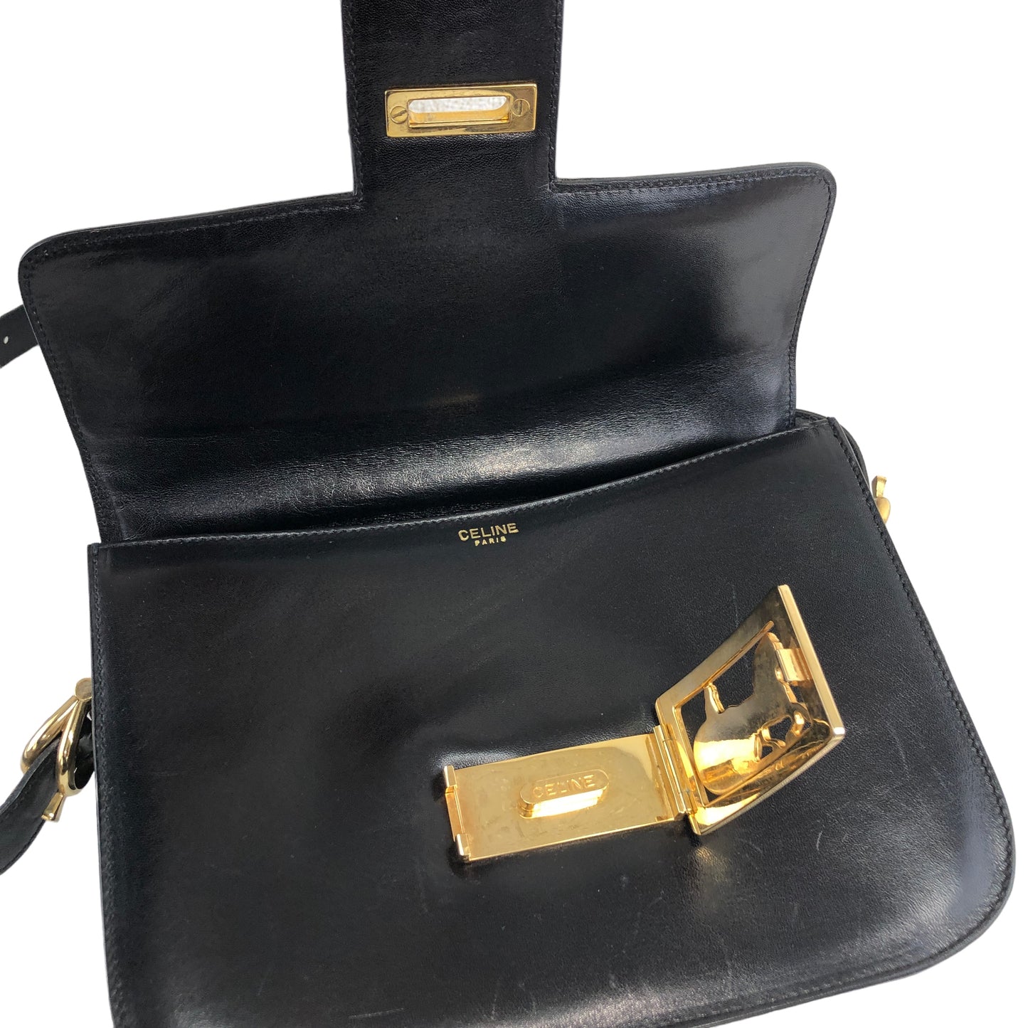 CELINE Horse Carriage Leather Shoulder bag Black Vintage w34jkd