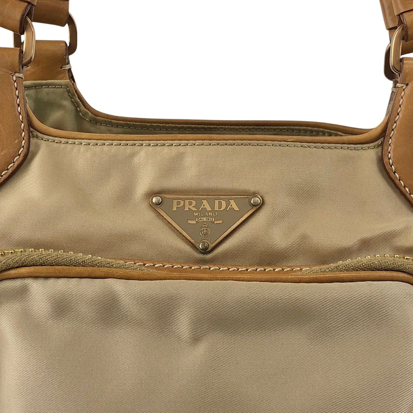 PRADA Tessuto Triangle Logo Side Pocket Handbag Beige Vintage a35ftn