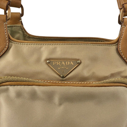 PRADA Tessuto Triangle Logo Side Pocket Handbag Beige Vintage a35ftn