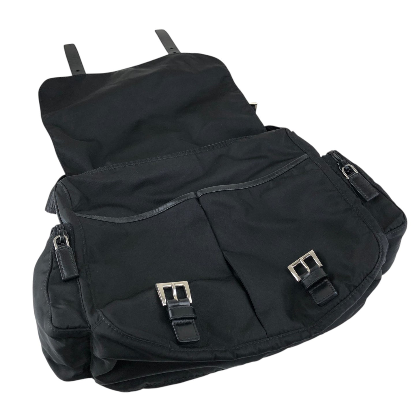 PRADA Tessuto Triangle Logo Front Buckle Double Pocket Shoulder bag Black Vintage yejdb4