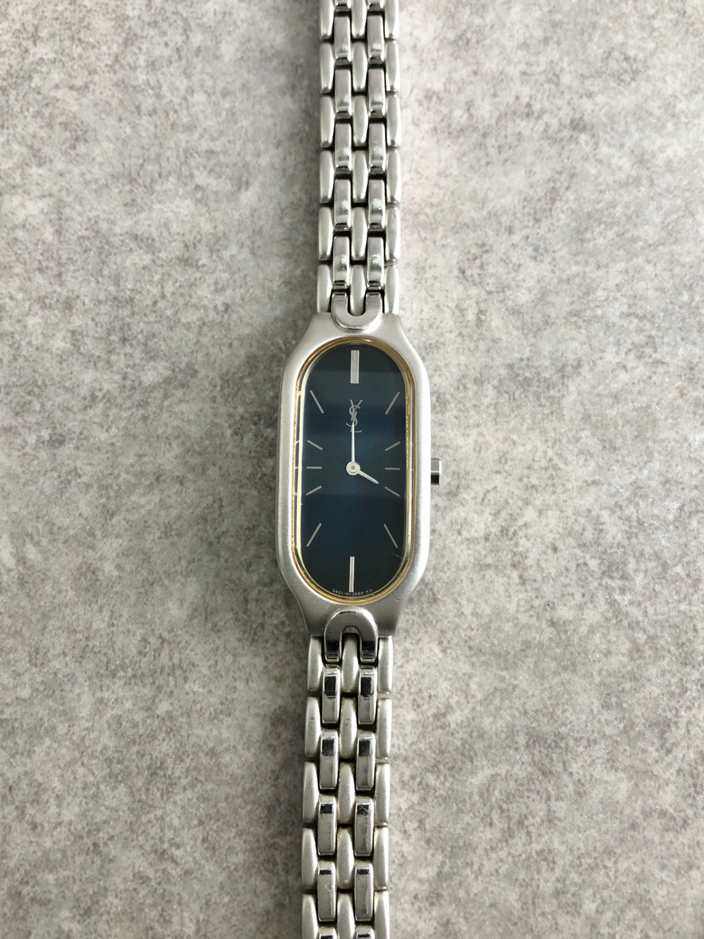 Yves Saint Laurent YSL Logo Quartz Watch Silver×Blue 5421-H08118 Vintage wiaeny